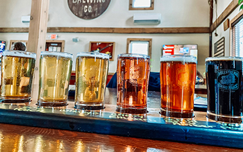 Six small glasses of beer prepared as a flight.